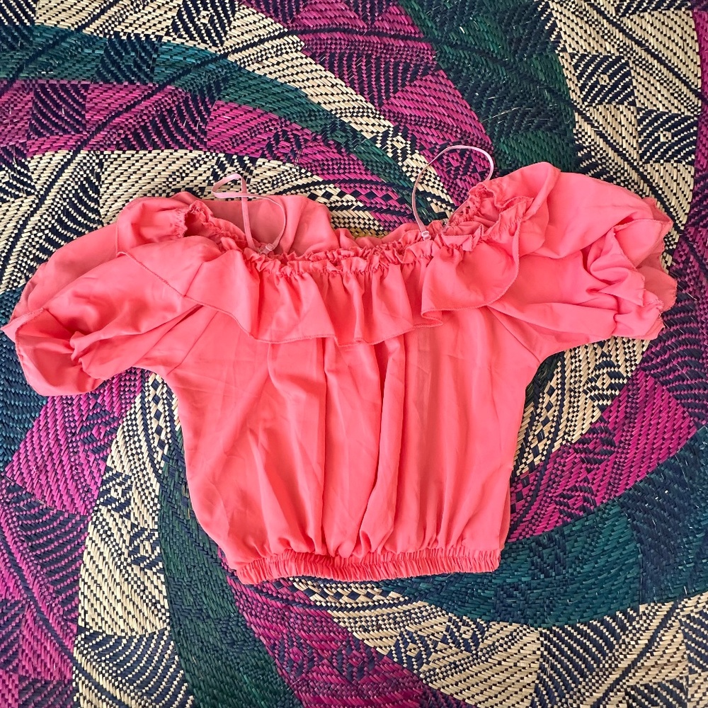Ruffled Off the Shoulder Crop Top in Coral Size Medium